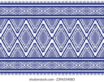 Ikat fabric pattern blue on white rhombus Abstract Aztec symbol illustration geometric shape vector pattern Ethic nature native tribal work background backdrop wallpaper print textile clothing fashion