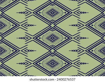 Ikat fabric pattern blue on green pixel Abstract Aztec Symbol illustration geometric shape vector pattern Ethic nature native tribal work background backdrop wallpaper print textile clothing fashion 