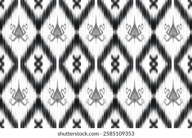 Ikat fabric pattern features a monochromatic black and white design with a traditional geometric blurred, feathered edges inspired by cultural or tribal symbols design suitable for textiles