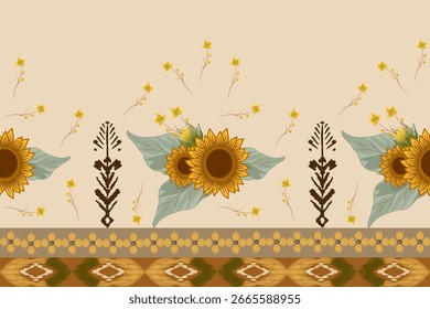 Patrón de tela Ikat, concepto de girasol dibujado a mano, patrón floral étnico sin costuras, bordado, rayas, adorno floral, motivo, diseño para envolver, seda, bufanda, fondo, textil.