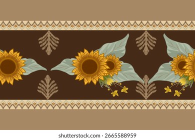 Patrón de tela Ikat, concepto de girasol dibujado a mano, patrón floral étnico sin costuras, bordado, rayas, adorno floral, motivo, diseño para envolver, seda, bufanda, fondo, textil.