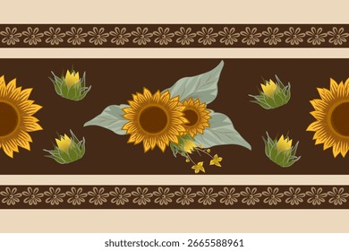 Patrón de tela Ikat, concepto de girasol dibujado a mano, patrón floral étnico sin costuras, bordado, rayas, adorno floral, motivo, diseño para envolver, seda, bufanda, fondo, textil.