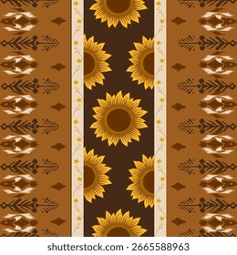 Patrón de tela Ikat, concepto de girasol dibujado a mano, patrón floral étnico sin costuras, bordado, rayas, adorno floral, motivo, diseño para envolver, seda, bufanda, fondo, textil.