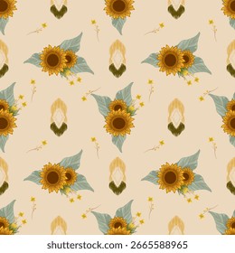 Patrón de tela Ikat, concepto de girasol dibujado a mano, patrón floral étnico sin costuras, bordado, rayas, adorno floral, motivo, diseño para envolver, seda, bufanda, fondo, textil.