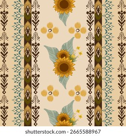 Patrón de tela Ikat, concepto de girasol dibujado a mano, patrón floral étnico sin costuras, bordado, rayas, adorno floral, motivo, diseño para envolver, seda, bufanda, fondo, textil.