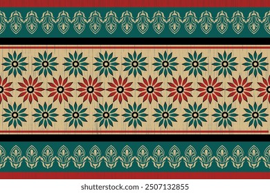 Ikat fabric pattern, intricate damask design, geometric shapes, vibrant colors, elegant motifs, intricate textile patterns, rich textures, visually appealing arrangement.