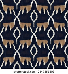 Ikat fabric pattern, large shapes of moose silhouettes in a navy blue and beige color. , grunge lines ikat pattern, ikat seamless pattern, Vector illustration background for print the paper.