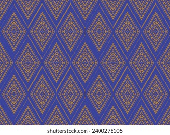Ikat fabric pattern orange on blue pixel Abstract Aztec symbol illustration geometric shape vector pattern Ethic nature native tribal work background backdrop wallpaper print textile clothing fashion 