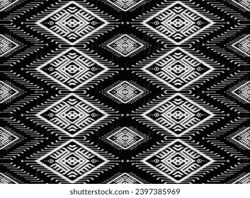 Ikat-Stoffmuster weiß auf schwarzem horizontalen Streifen Abstrakte Aztec Symbol geometrische Form Vektormuster Ethik Natur native Stammes-Arbeit Hintergrund Tapete Stoffdruck