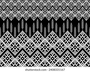Ikat fabric pattern white on black with stripes pixel handicraft embroidery machine crochet Abstract Aztec symbol illustration geometric shape vector pattern Ethic indigenous tribal background 