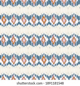 Ikat fabric vector seamless pattern. Woven motifs in pastel colors. Modern geometric background in retro style.