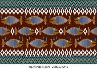 Ikat fish in the sea embroidery seamless  on background. Ikat ethnic oriental pattern traditional. Aztec style abstract vector illustration. design for fashion texture,fabric,clothing,wrapping.