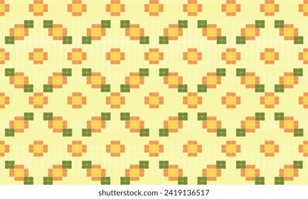  Ikat flora embroidery on a yellow background. geometric crochet and knitting patterns are traditional. Aztec-style. design for texture, fabric, clothing, wrapping, decoration, rugs, carpet, bag