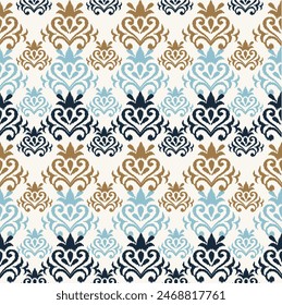 Ikat floral damask embroidery on cream background.Ikat ethnic oriental seamless pattern traditional.Aztec style abstract vector illustration.design for texture,fabric,clothing,wrapping,decoration.