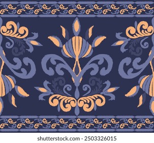 Ikat floral damask embroidery on vintage  background.Ikat ethnic oriental seamless pattern traditional.Aztec style abstract vector illustration.design for texture,fabric,clothing,wrapping,decoration.
