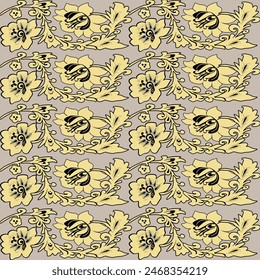 Ikat floral damask yellow embroidery on cream background.Ikat ethnic oriental seamless pattern traditional.Aztec style abstract vector