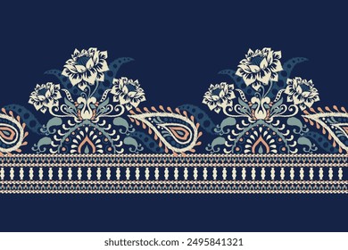 Ikat floral design pattern on navy blue background vector illustration.Ikat ethnic oriental embroidery traditional.Indian Ikat pattern Aztec style abstract.design for texture,fabric,clothing,print.