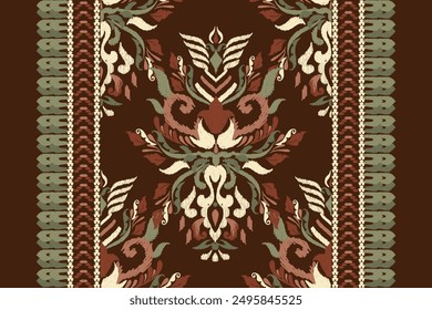 Ikat floral design pattern on brown background vector illustration.Ikat ethnic oriental embroidery,Ikat pattern traditional Aztec style.design for texture,fabric,clothing,wrapping,decoration,carpet.