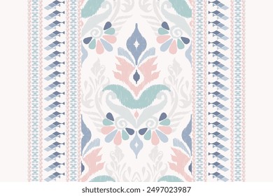 Patrón de diseño floral Ikat sobre fondo blanco Ilustración vectorial. Bordado oriental étnico Ikat tradicional. Patrón indio de Ikat Estilo azteca abstracto. Diseño para textura, tela, ropa, impresión, alfombra.