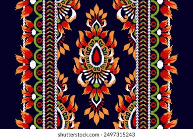 Ikat floral design pattern on black background vector illustration.Ikat ethnic oriental embroidery traditional.Indian Ikat pattern Aztec style abstract.design for texture,fabric,clothing,print,rug