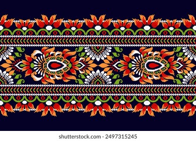 Ikat floral design pattern on black background vector illustration.Ikat ethnic oriental embroidery traditional.Indian Ikat pattern Aztec style abstract.design for texture,fabric,clothing,print,rug.