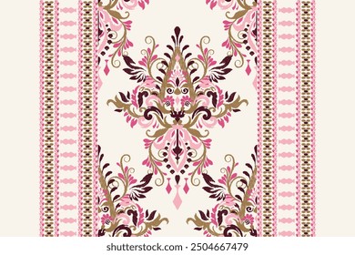 Patrón de diseño floral Ikat sobre fondo blanco Ilustración vectorial. Bordado oriental étnico Ikat tradicional. Patrón indio de Ikat Estilo azteca abstracto. Diseño para textura, tela, ropa, impresión, alfombra.