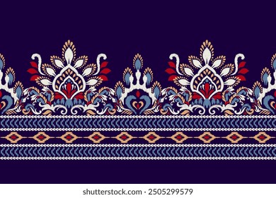 Ikat floral design pattern on navy blue background vector illustration.Ikat ethnic oriental embroidery traditional.Indian Ikat pattern Aztec style abstract.design for texture,fabric,clothing,print