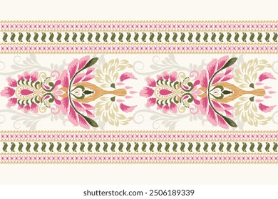 Ikat floral design pattern on white background vector illustration.Ikat ethnic oriental embroidery traditional.Indian Ikat pattern Aztec style abstract.design for texture,fabric,clothing,print,rug.