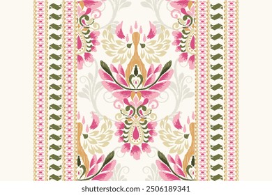 Ikat floral design pattern on white background vector illustration.Ikat ethnic oriental embroidery traditional.Indian Ikat pattern Aztec style abstract.design for texture,fabric,clothing,print,rug.