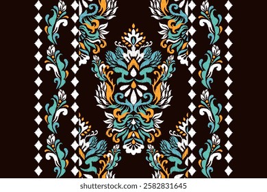 Ikat floral design pattern on black background vector illustration.Ikat ethnic oriental embroidery traditional.Indian Ikat pattern Aztec style abstract.design for texture,fabric,clothing,print,rug.