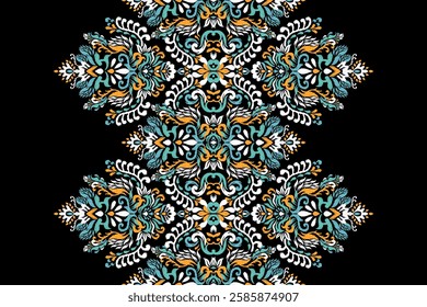 Ikat floral design pattern on black background vector illustration.Ikat ethnic oriental embroidery traditional.Indian Ikat pattern Aztec style abstract.design for texture,fabric,clothing,print,rug.