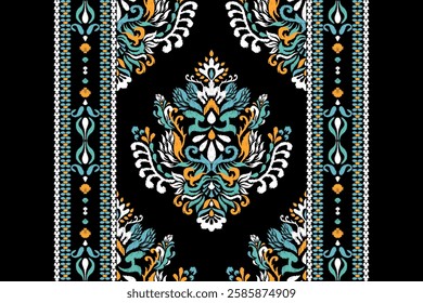 Ikat floral design pattern on black background vector illustration.Ikat ethnic oriental embroidery traditional.Indian Ikat pattern Aztec style abstract.design for texture,fabric,clothing,print,rug.