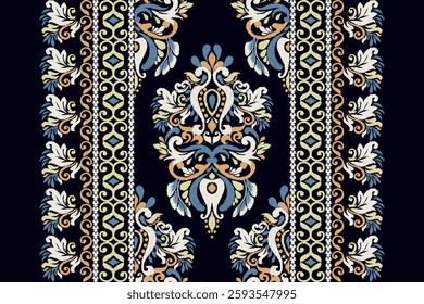 Ikat floral design pattern on black background vector illustration.Ikat ethnic oriental embroidery traditional.Indian Ikat pattern Aztec style abstract.design for texture,fabric,clothing,print,shawl