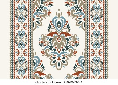 Ikat floral design pattern on white background vector illustration.Ikat ethnic oriental embroidery traditional.Indian Ikat pattern Aztec style abstract.design for texture,fabric,clothing,print,rug