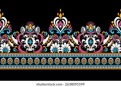 Ikat floral design pattern on black background,Ikat oriental pattern traditional,Ikat flower pattern,vector illustration,Aztec style,abstract background.design for texture,fabric,clothing,decoration