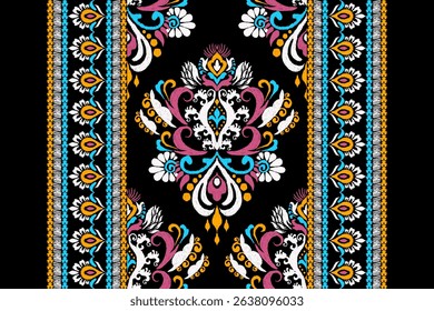 Ikat floral design pattern on black background,Ikat oriental pattern traditional,Ikat flower pattern,vector illustration,Aztec style,abstract background.design for texture,fabric,clothing,decoration