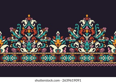 Ikat floral design pattern on black background,Ikat oriental pattern traditional,Ikat flower pattern,vector illustration,Aztec style,abstract background.design for texture,fabric,clothing,decoration