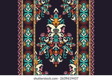 Ikat floral design pattern on black background,Ikat oriental pattern traditional,Ikat flower pattern,vector illustration,Aztec style,abstract background.design for texture,fabric,clothing,decoration
