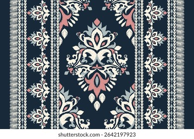 Ikat floral design pattern on blue background,Ikat oriental pattern traditional,Ikat flower pattern,vector illustration,Aztec style,abstract background.design for texture,fabric,clothing,decoration.