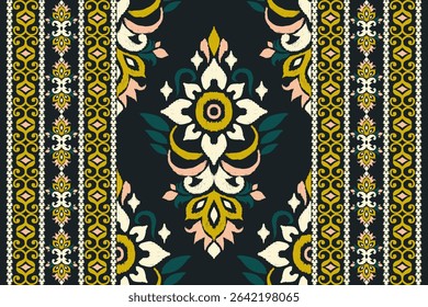 Ikat floral design pattern on black background,Ikat oriental pattern traditional,Ikat flower pattern,vector illustration,Aztec style,abstract background.design for texture,fabric,clothing,decoration.