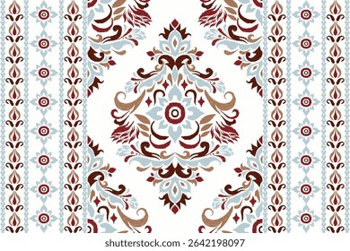 Ikat floral design pattern on white background,Ikat oriental pattern traditional,Ikat flower pattern,vector illustration,Aztec style,abstract background.design for texture,fabric,clothing,decoration.