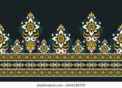 Ikat floral design pattern on black background,Ikat oriental pattern traditional,Ikat flower pattern,vector illustration,Aztec style,abstract background.design for texture,fabric,clothing,decoration