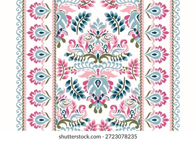 Patrón de diseño floral Ikat sobre fondo blanco Ilustración vectorial. Bordado oriental étnico Ikat tradicional. Patrón indio Ikat Estilo azteca abstracto. Diseño para textura, tela, ropa, impresión, alfombra.