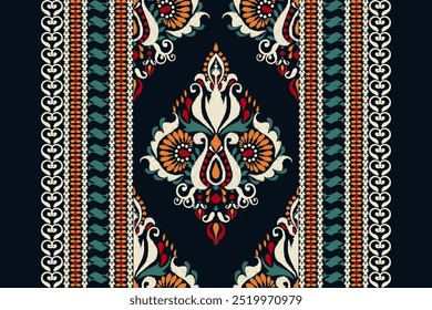 Patrón de diseño floral Ikat, patrón floral Ikat, Ikat étnico oriental sobre fondo negro, Ilustración vectorial, estilo barroco, patrón dibujado a mano. diseño para textura, tela, ropa, decoración, alfombra, impresión.