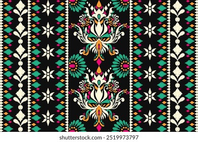 Ikat floral design pattern,Ikat floral pattern,Ikat ethnic oriental on black background,vector illustration,baroque style,hand drawn pattern.design for texture,fabric,clothing,decoration,carpet,print.