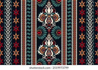 Ikat floral design pattern,Ikat floral pattern,Ikat ethnic oriental on black background,vector illustration,baroque style,hand drawn pattern.design for texture,fabric,clothing,decoration,carpet,print.