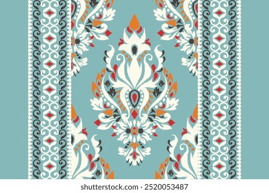 Padrão de design floral Ikat, padrão floral Ikat, oriental étnico Ikat sobre fundo azul, ilustração vetorial, estilo barroco, desenho à mão pattern.design para textura, tecido, roupas, decoração, tapete, impressão.