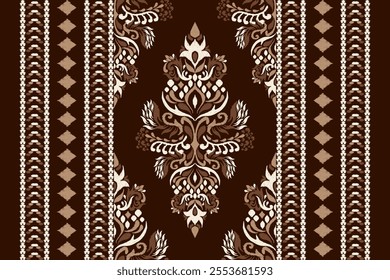 Ikat floral design pattern,Ikat floral pattern,Ikat ethnic oriental on brown  background,vector illustration,baroque style,hand drawn pattern.design for texture,fabric,clothing,decoration,carpet,print