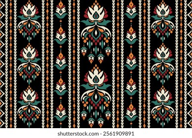 Ikat floral design pattern,Ikat floral pattern,Ikat ethnic oriental on black background,vector illustration,baroque style,hand drawn pattern.design for texture,fabric,clothing,decoration,carpet,print.