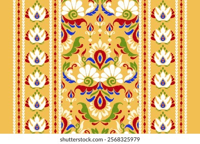 Ikat floral design pattern,Ikat floral pattern,Ikat ethnic oriental on orange background,vector illustration,baroque style,hand drawn pattern.design for texture,fabric,clothing,decoration,carpet,print